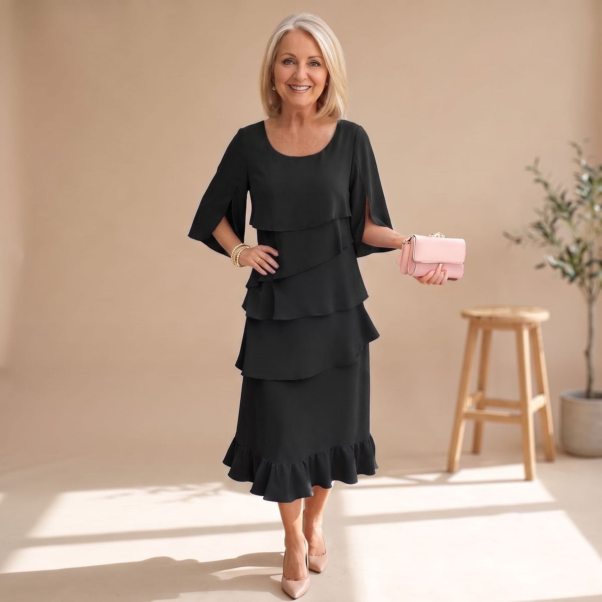 Abendkleid Damen in Midi-Länge mit Rüschen, festlicher Lagenlook