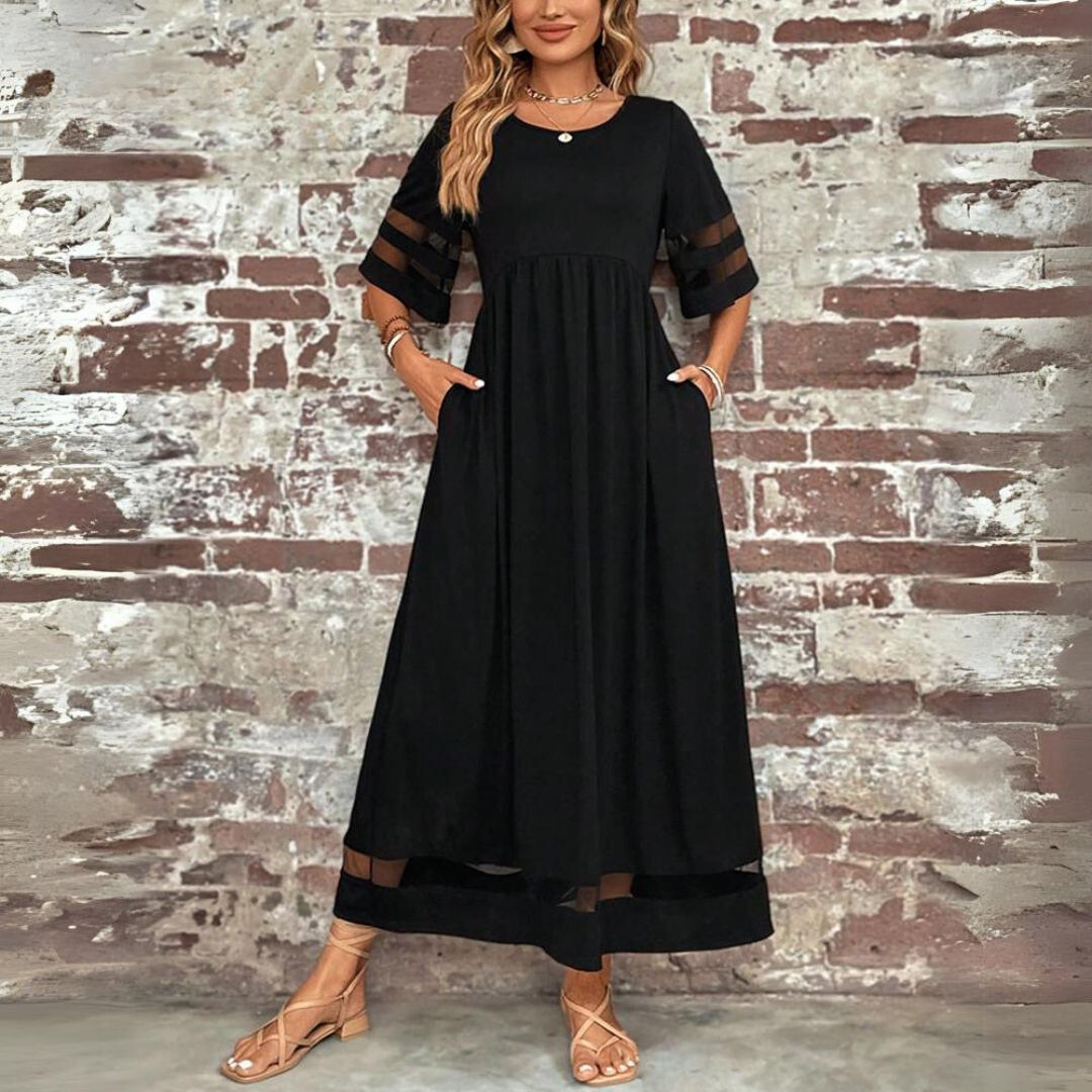 Abendkleid Damen lang in A-Linie mit Rundhalsausschnitt und Halbärmeln