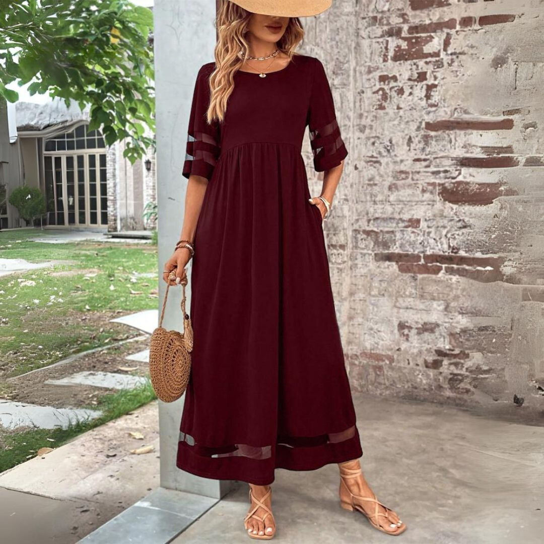 Abendkleid Damen lang in A-Linie mit Rundhalsausschnitt und Halbärmeln