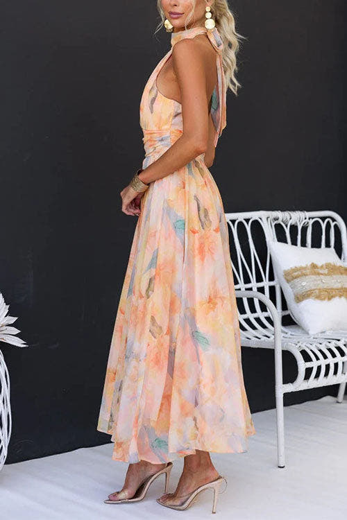 Abendkleid Damen lang und tailliert mit Aquarellmuster, Maxikleid