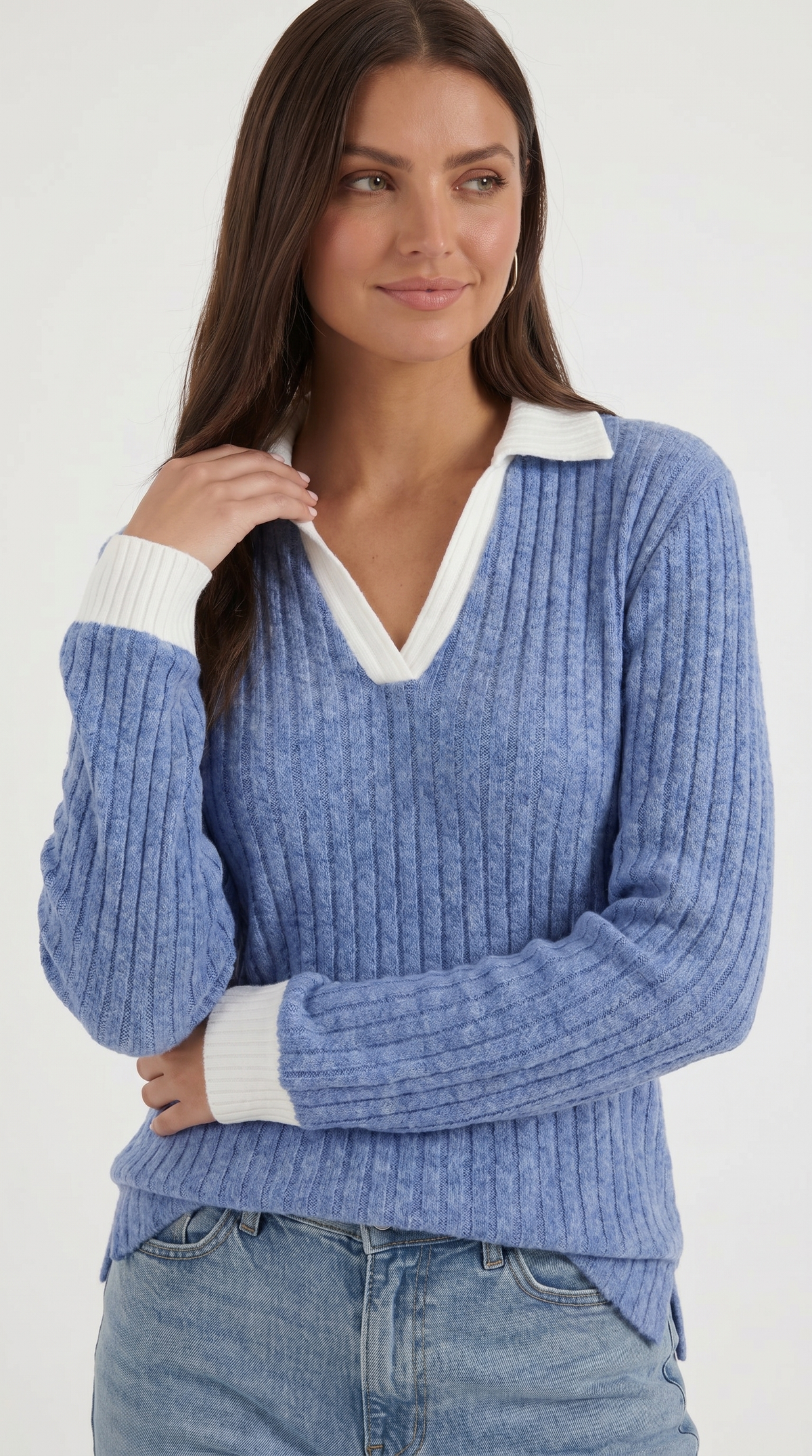 Langarmshirt mit Kragen und V-Ausschnitt in Rippstrick für Damen - Blau