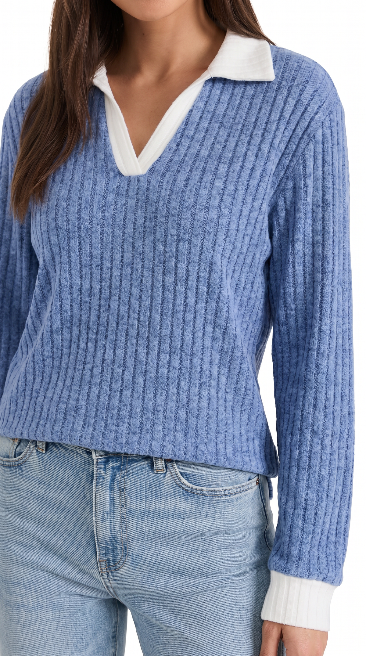 Langarmshirt mit Kragen und V-Ausschnitt in Rippstrick für Damen