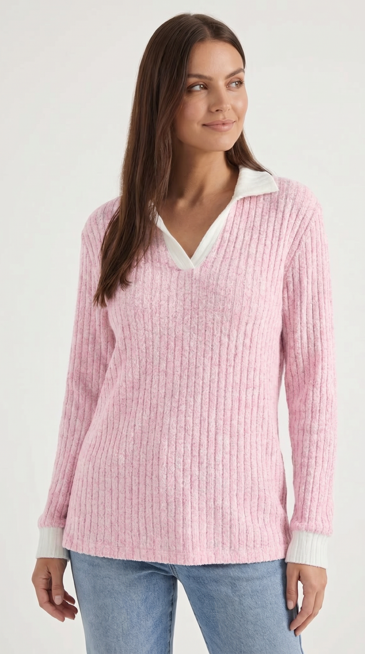 Langarmshirt mit Kragen und V-Ausschnitt in Rippstrick für Damen - Rosa