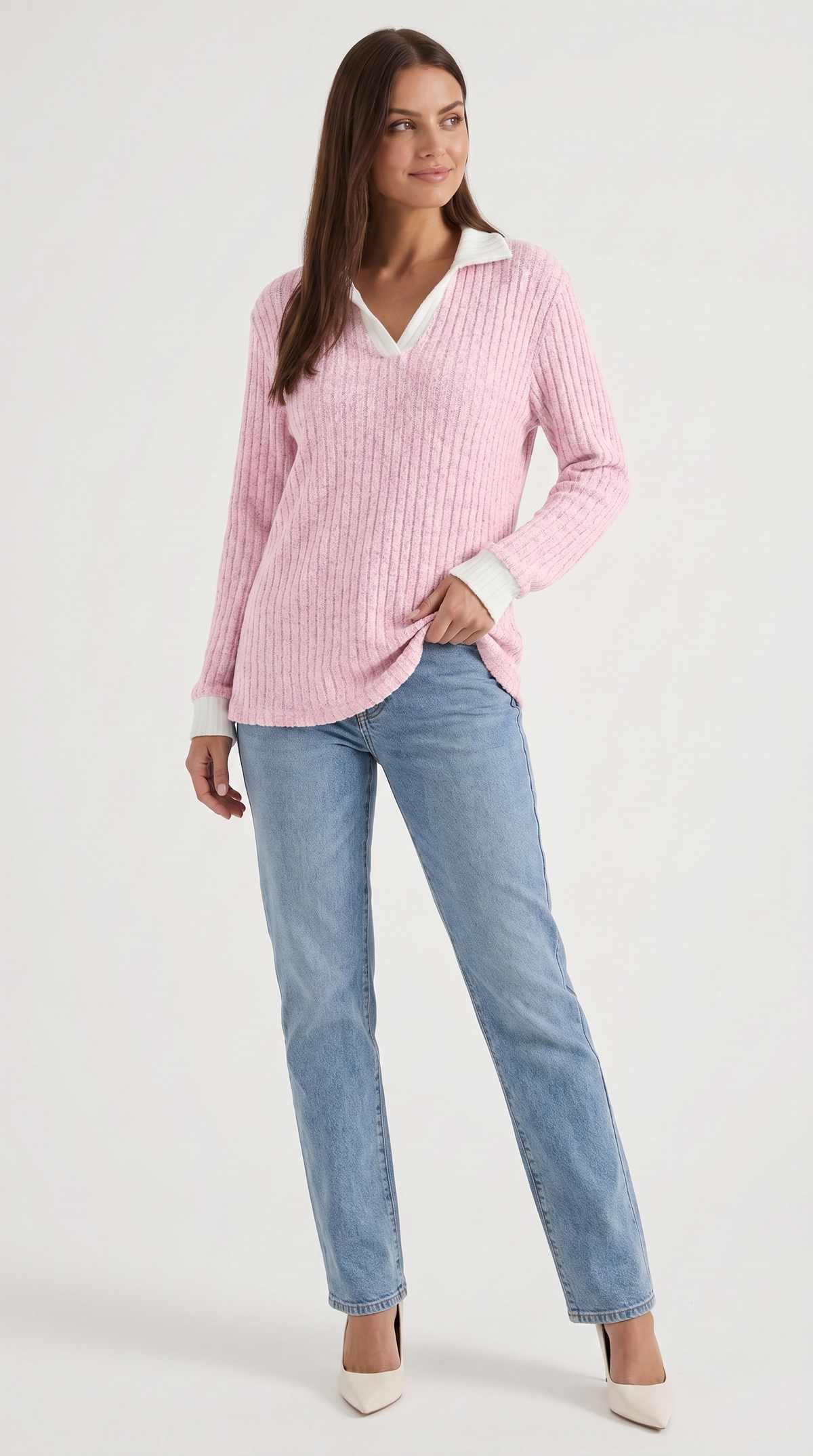 Langarmshirt mit Kragen und V-Ausschnitt in Rippstrick für Damen