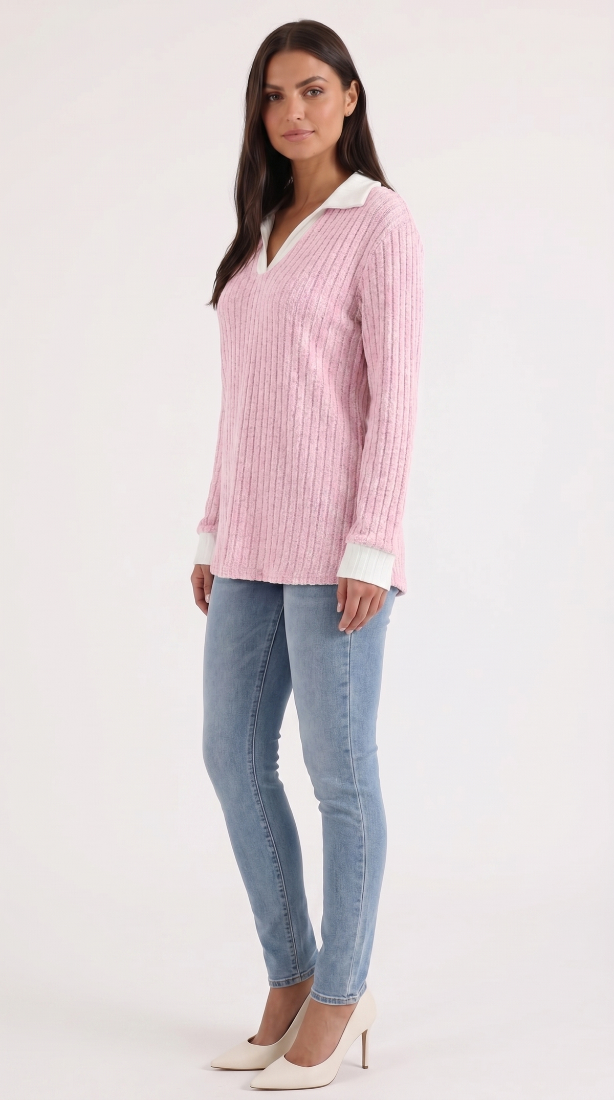 Langarmshirt mit Kragen und V-Ausschnitt in Rippstrick für Damen