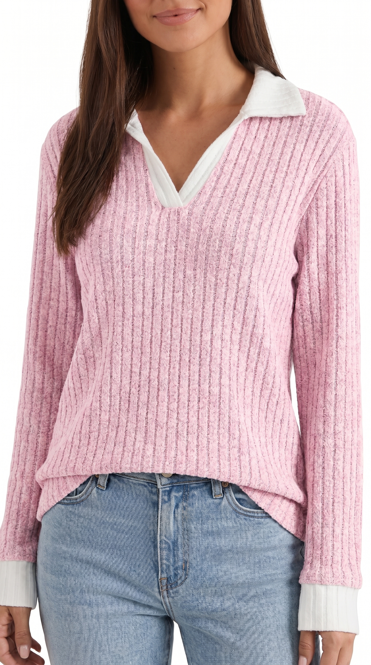 Langarmshirt mit Kragen und V-Ausschnitt in Rippstrick für Damen