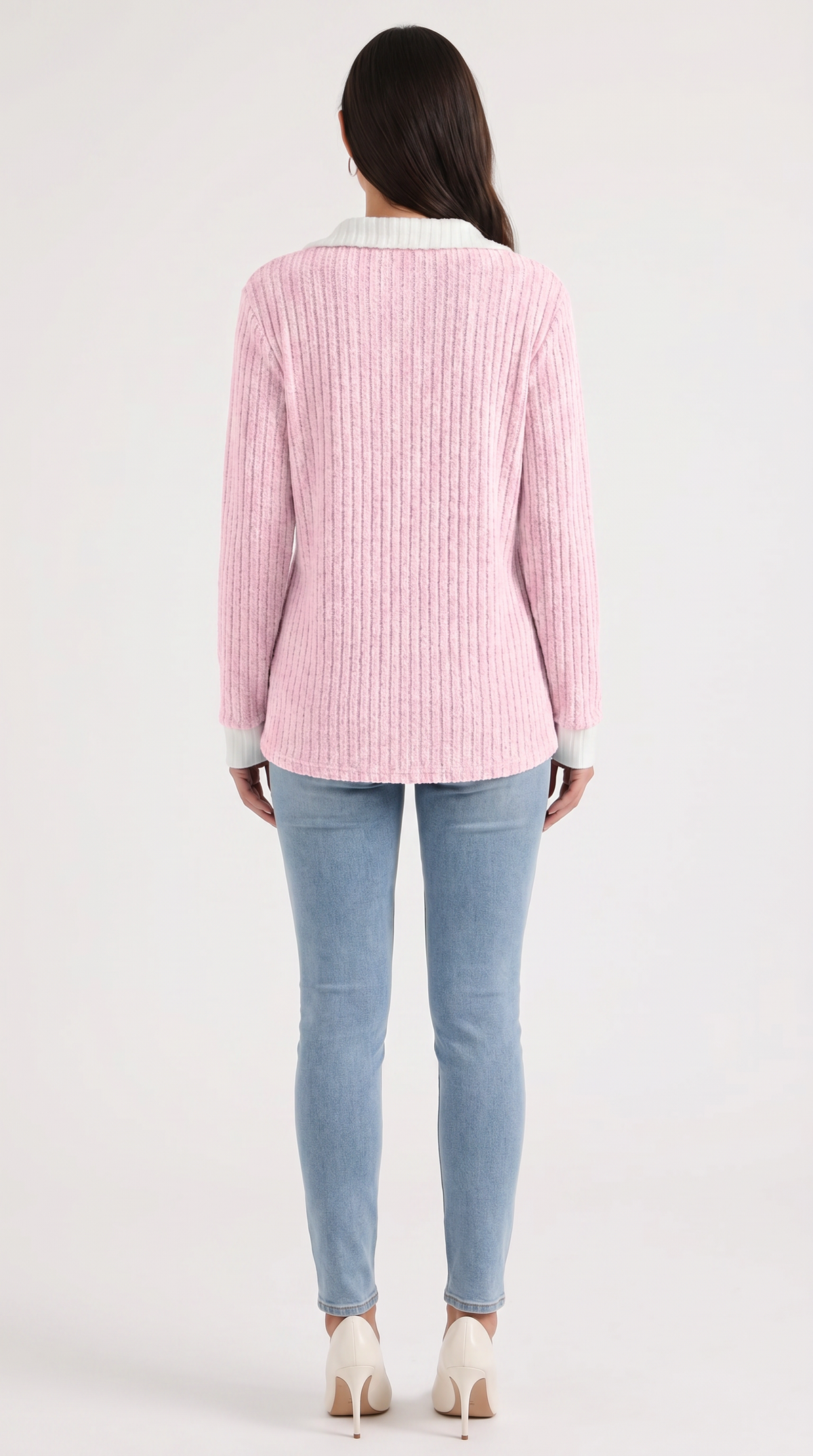 Langarmshirt mit Kragen und V-Ausschnitt in Rippstrick für Damen