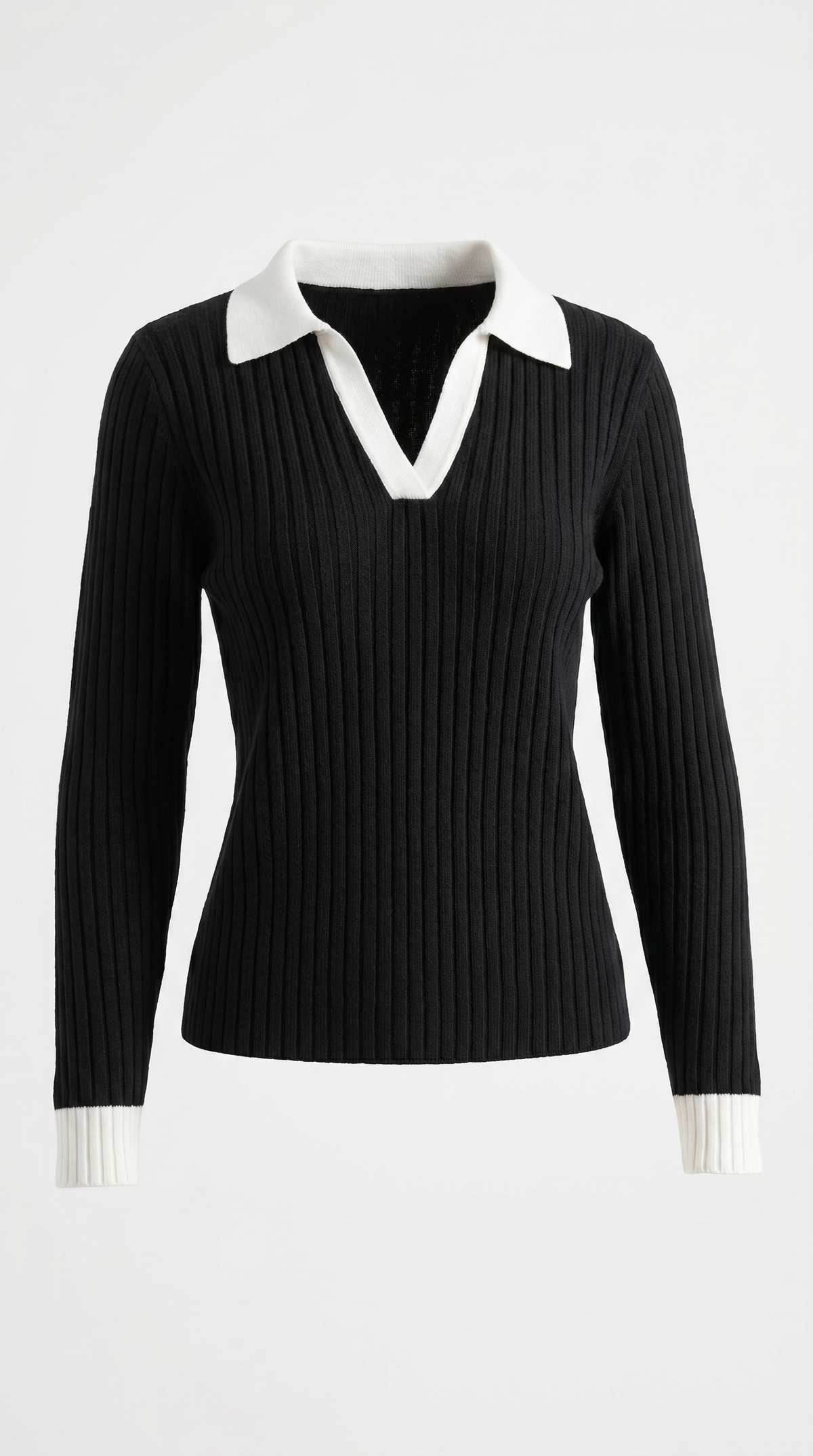 Langarmshirt mit Kragen und V-Ausschnitt in Rippstrick für Damen