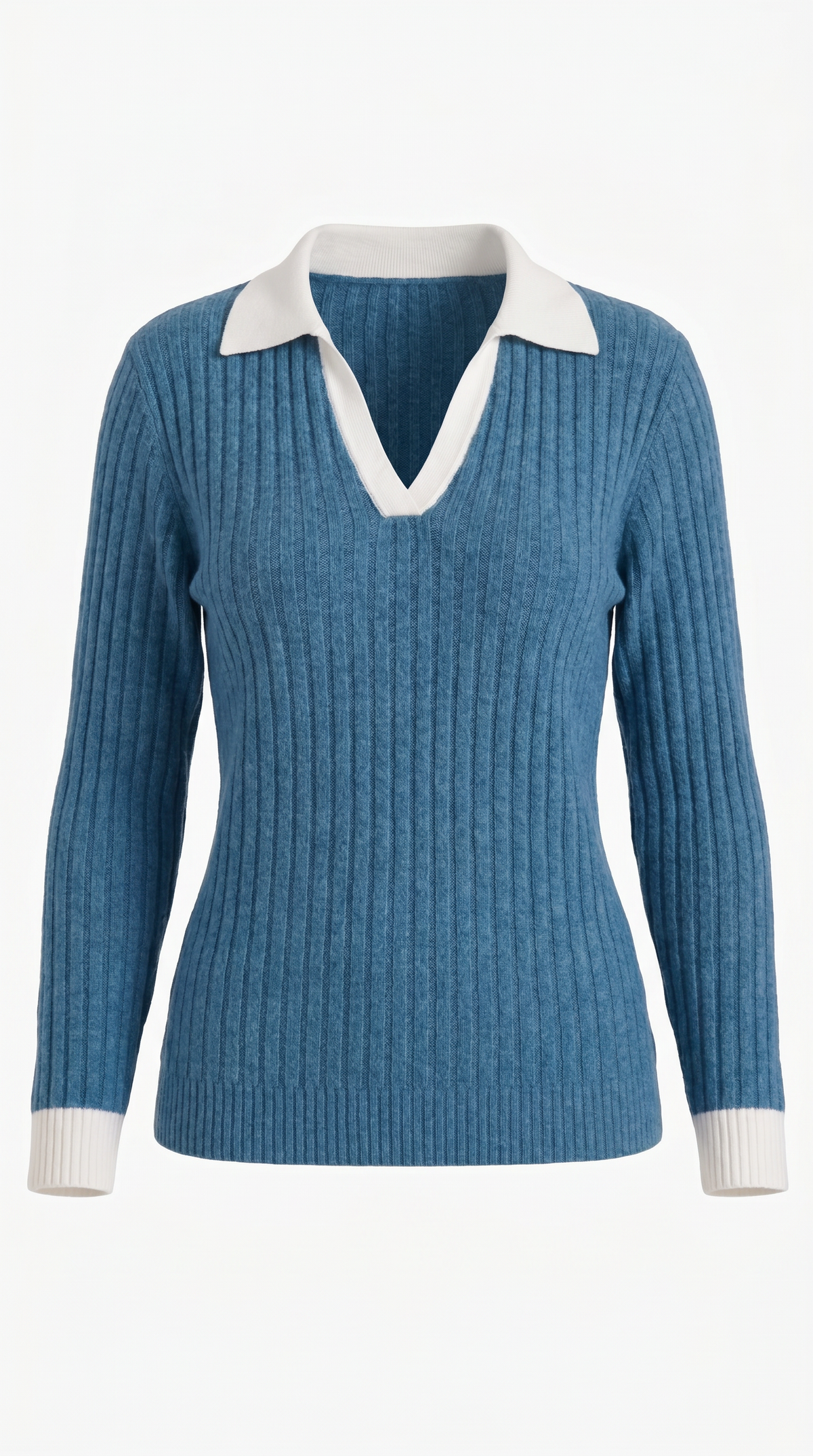 Langarmshirt mit Kragen und V-Ausschnitt in Rippstrick für Damen