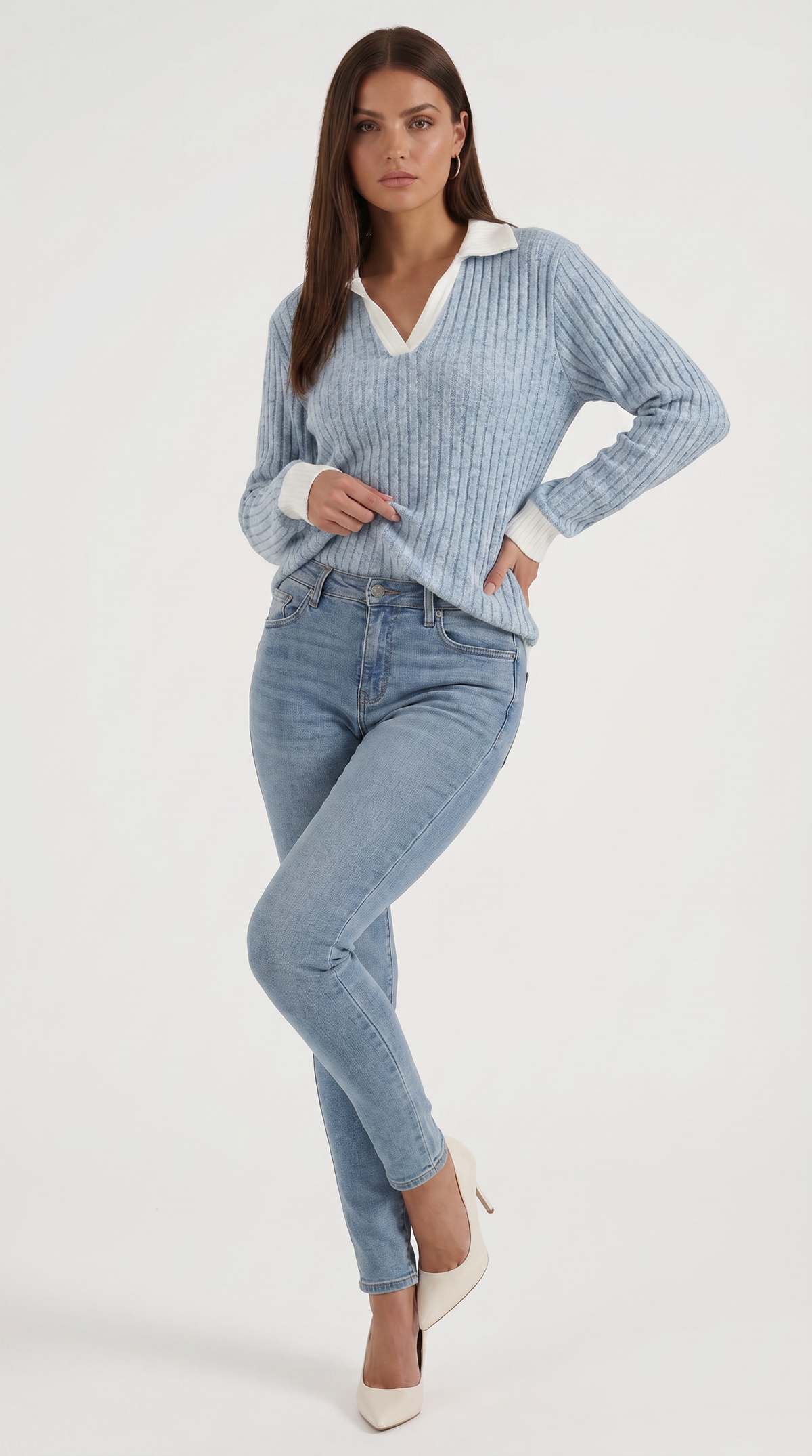 Langarmshirt mit Kragen und V-Ausschnitt in Rippstrick für Damen