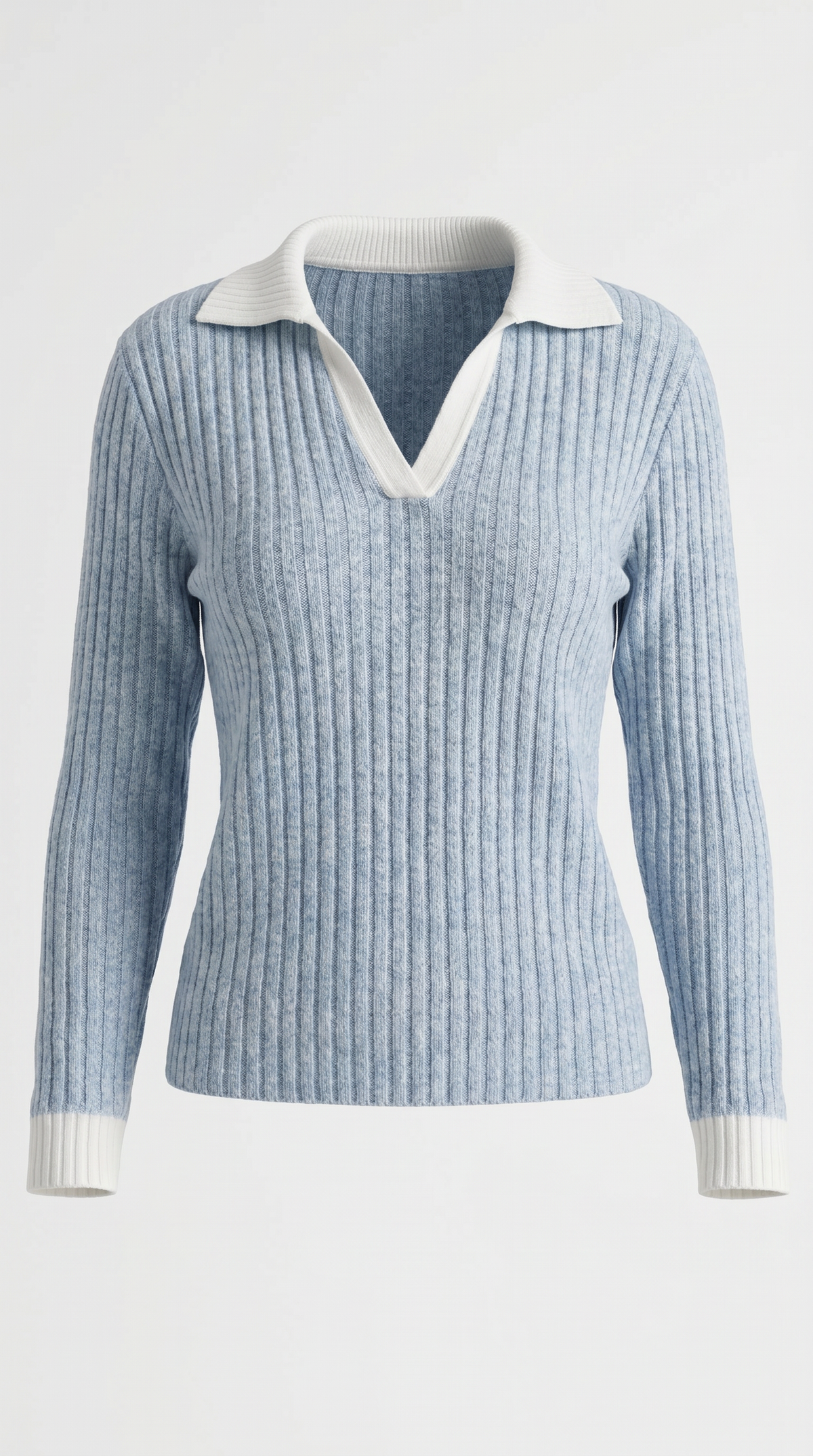Langarmshirt mit Kragen und V-Ausschnitt in Rippstrick für Damen