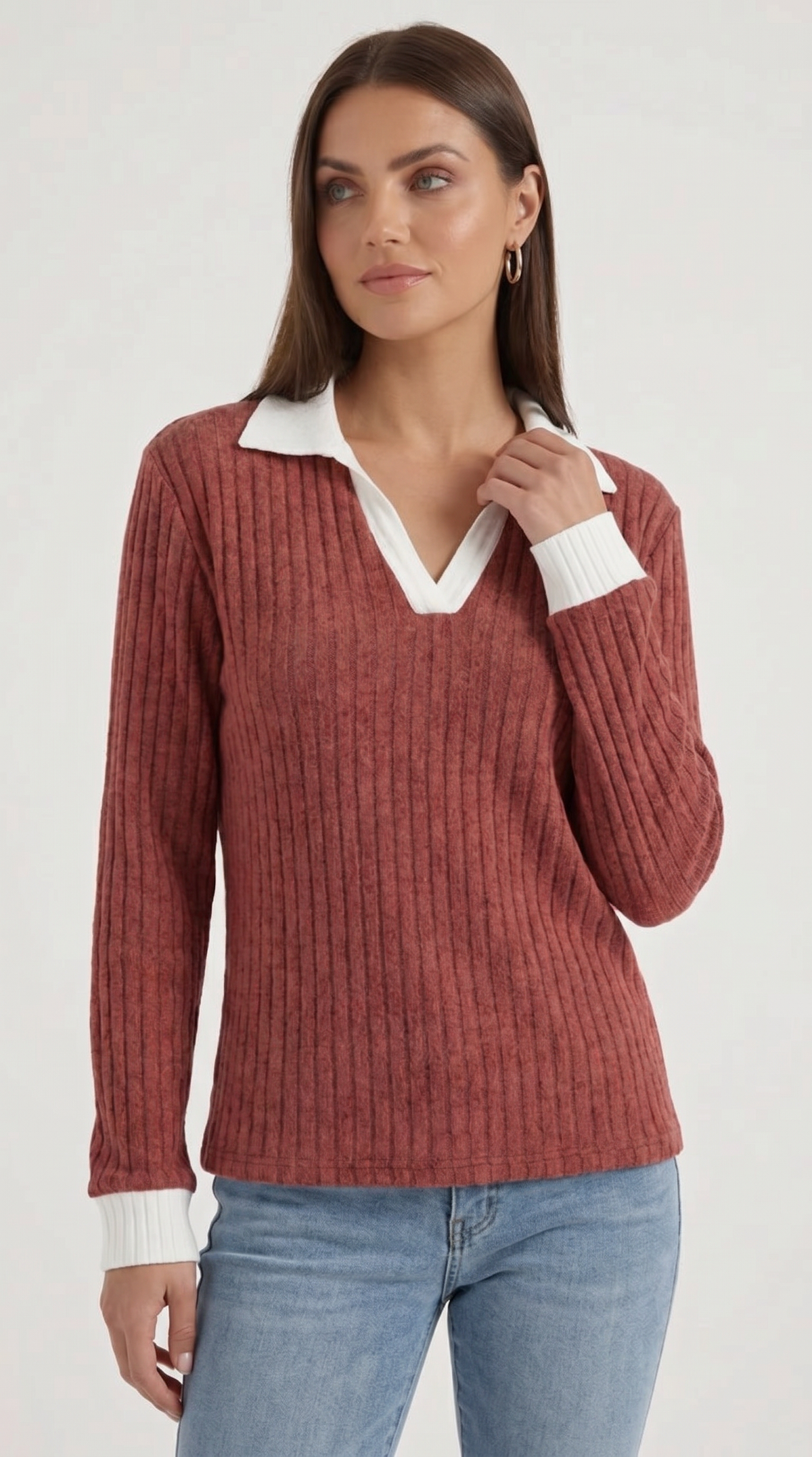 Langarmshirt mit Kragen und V-Ausschnitt in Rippstrick für Damen - Rot