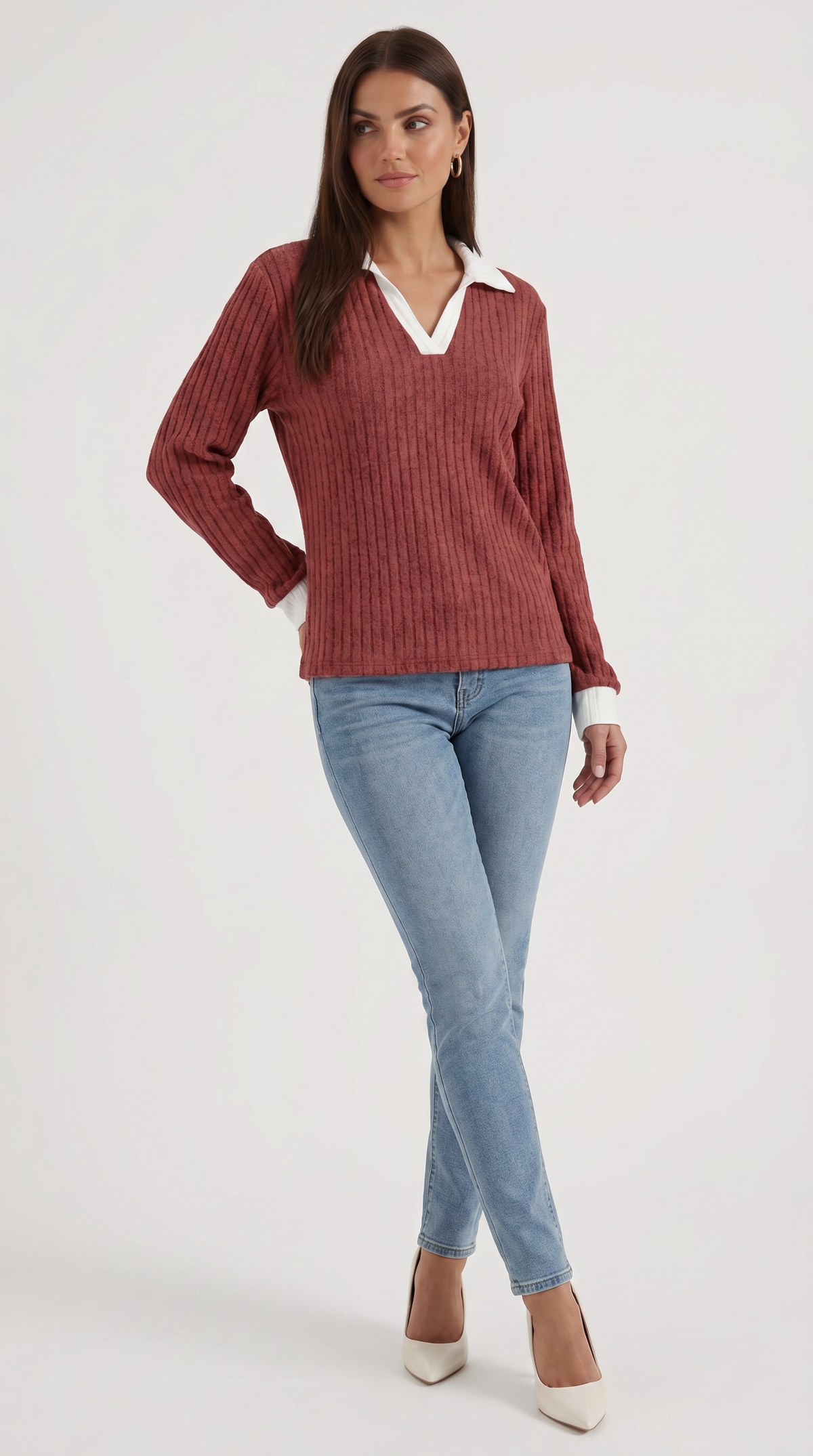 Langarmshirt mit Kragen und V-Ausschnitt in Rippstrick für Damen