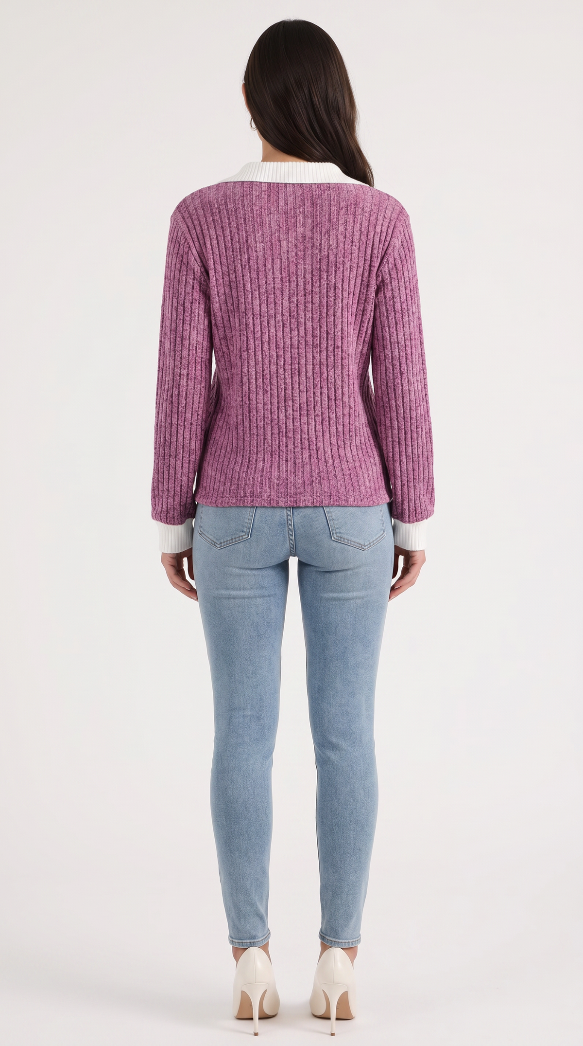 Langarmshirt mit Kragen und V-Ausschnitt in Rippstrick für Damen