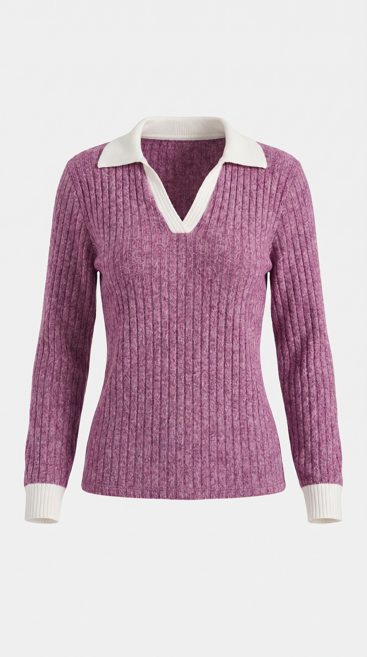 Langarmshirt mit Kragen und V-Ausschnitt in Rippstrick für Damen