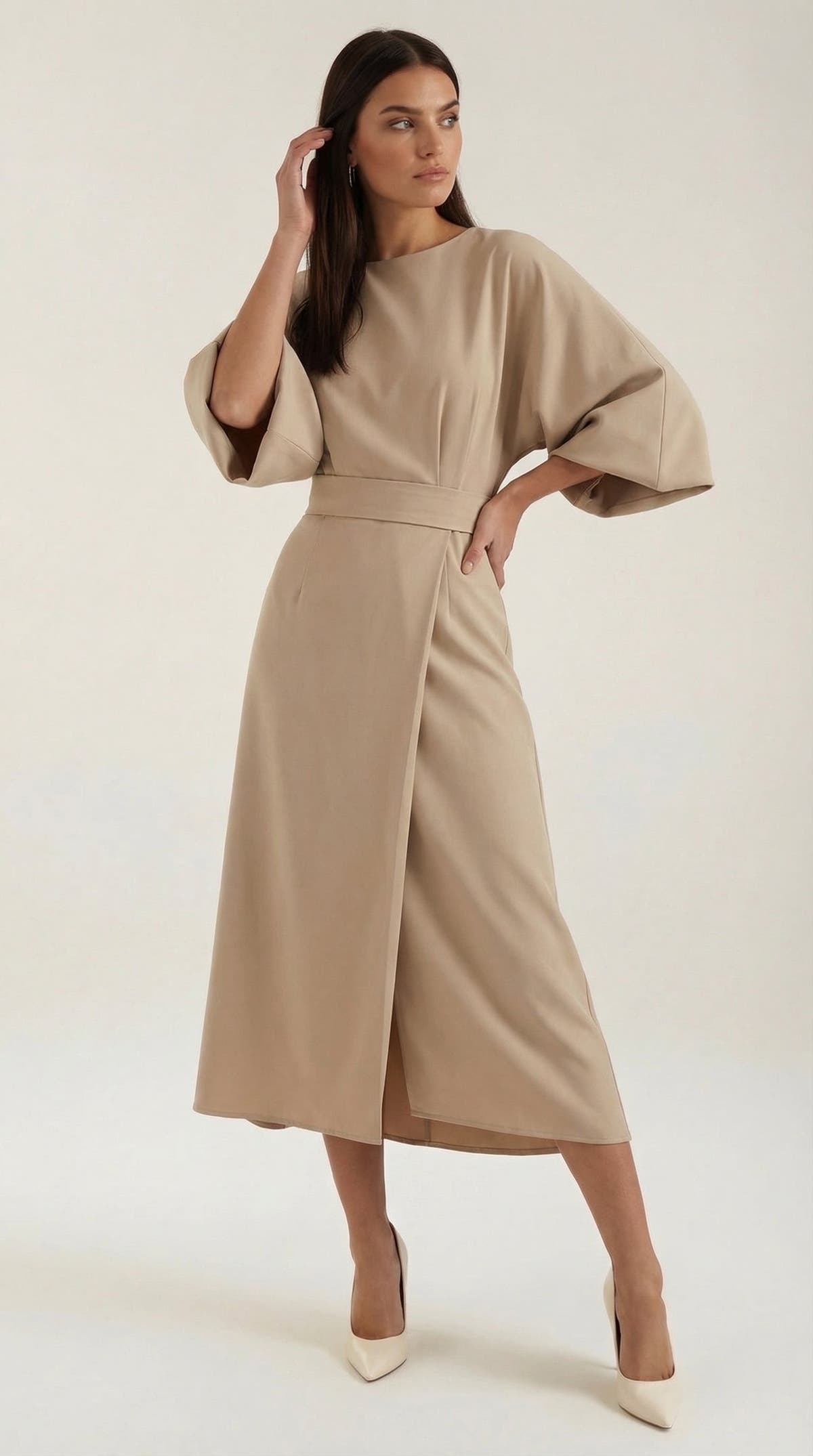 Wickelkleid mit Glockenärmeln und Gürtel in Midilänge für Damen