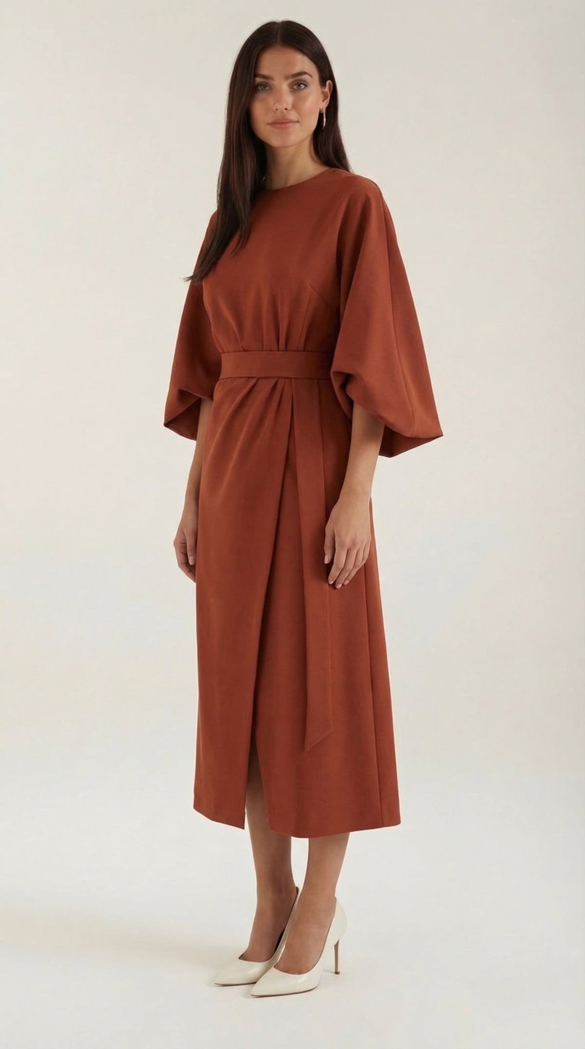 Wickelkleid mit Glockenärmeln und Gürtel in Midilänge für Damen