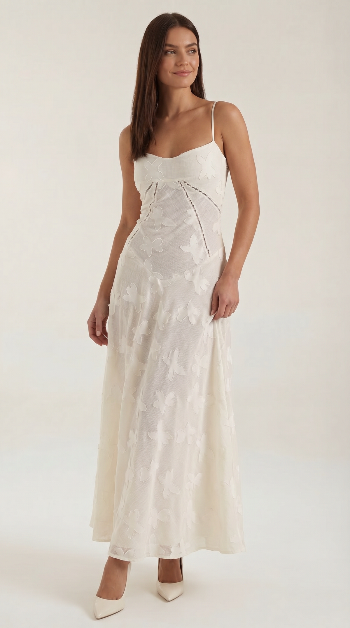 Langes Kleid mit Blumenspitze und Herzausschnitt für Damen - Weiss