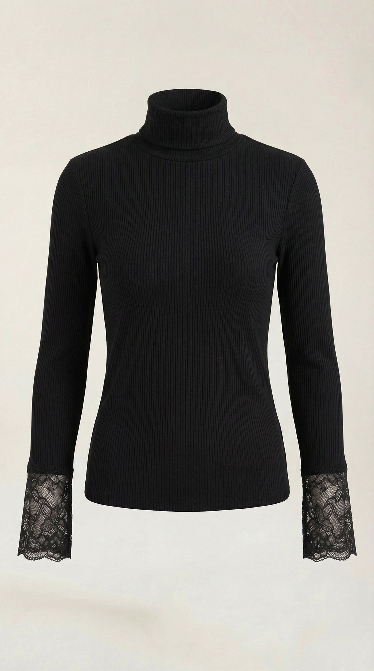 Rollkragenpullover in Rippstrick mit Spitzenbündchen für Damen