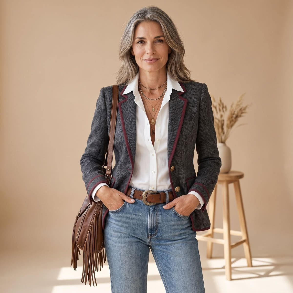 Blazer Damen tailliert mit Fischgratmuster und Kontrastpaspeln