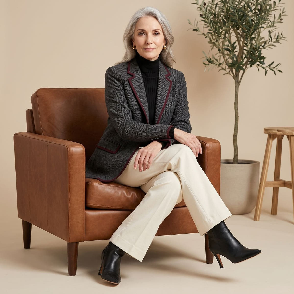 Blazer Damen tailliert mit Fischgratmuster und Kontrastpaspeln