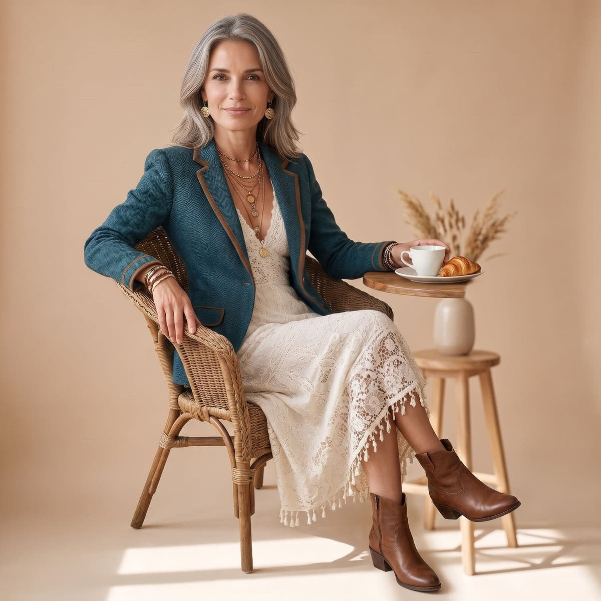 Blazer Damen tailliert mit Fischgratmuster und Kontrastpaspeln