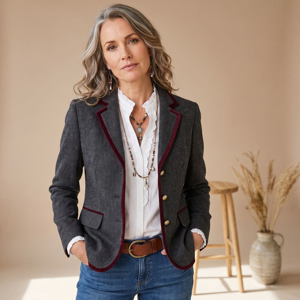 Blazer Damen tailliert mit Fischgratmuster und Kontrastpaspeln