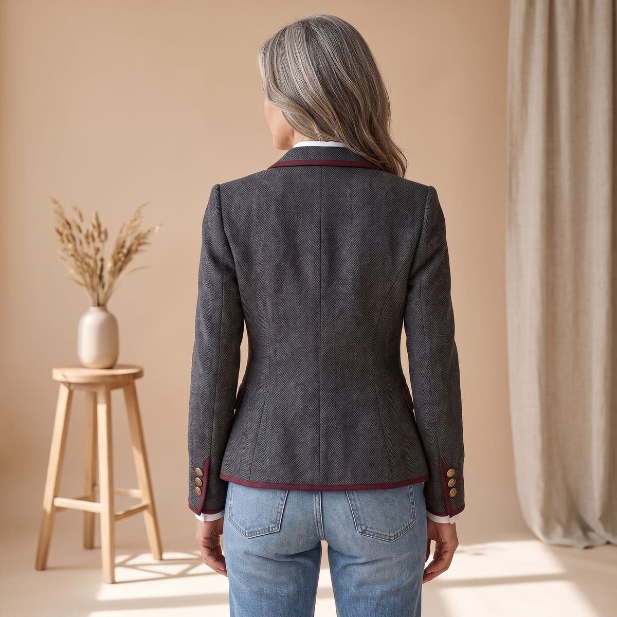 Blazer Damen tailliert mit Fischgratmuster und Kontrastpaspeln