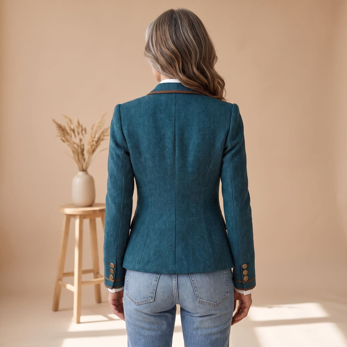 Blazer Damen tailliert mit Fischgratmuster und Kontrastpaspeln