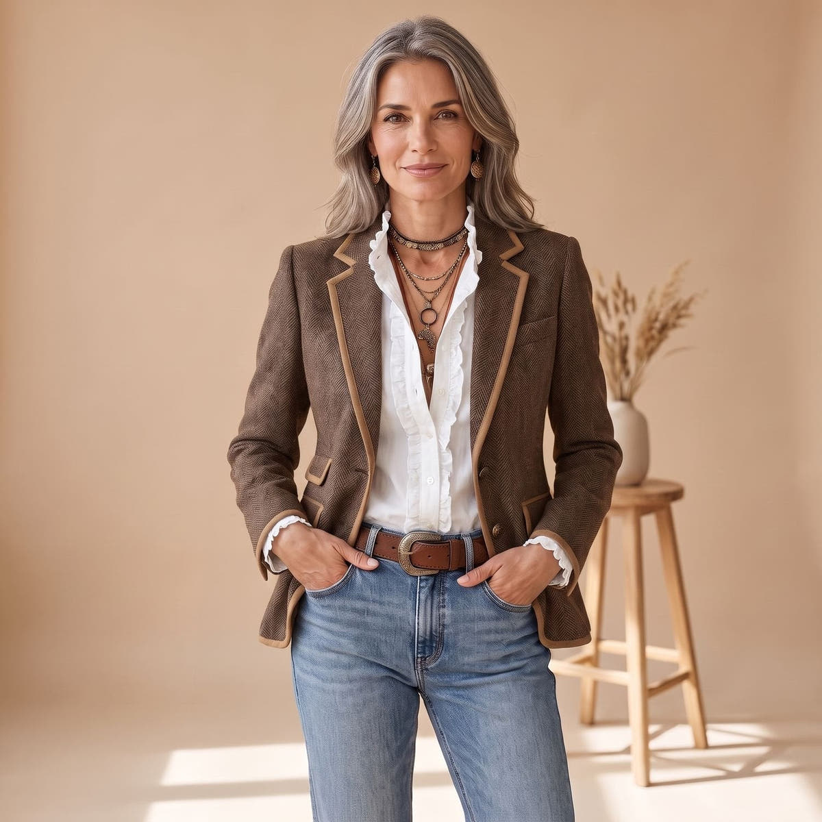 Blazer Damen tailliert mit Fischgratmuster und Kontrastpaspeln