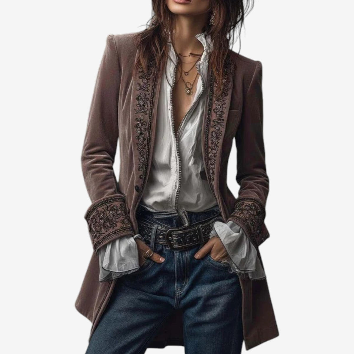 Blazer Damen tailliert mit Stickerei und Reissverschluss