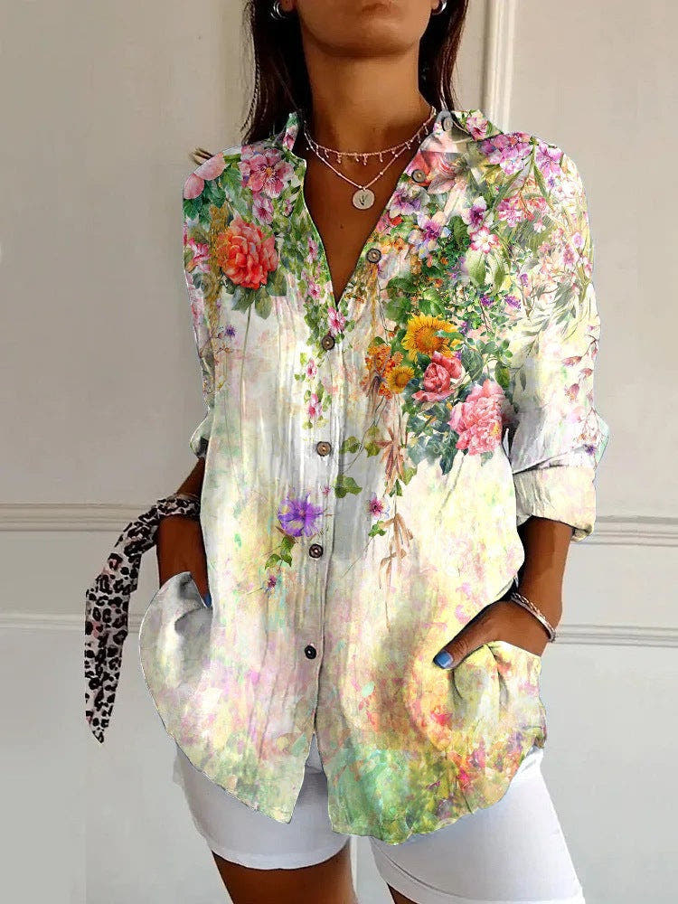 Bluse Damen mit geometrischem Muster, langen Ärmeln und Hemdkragen