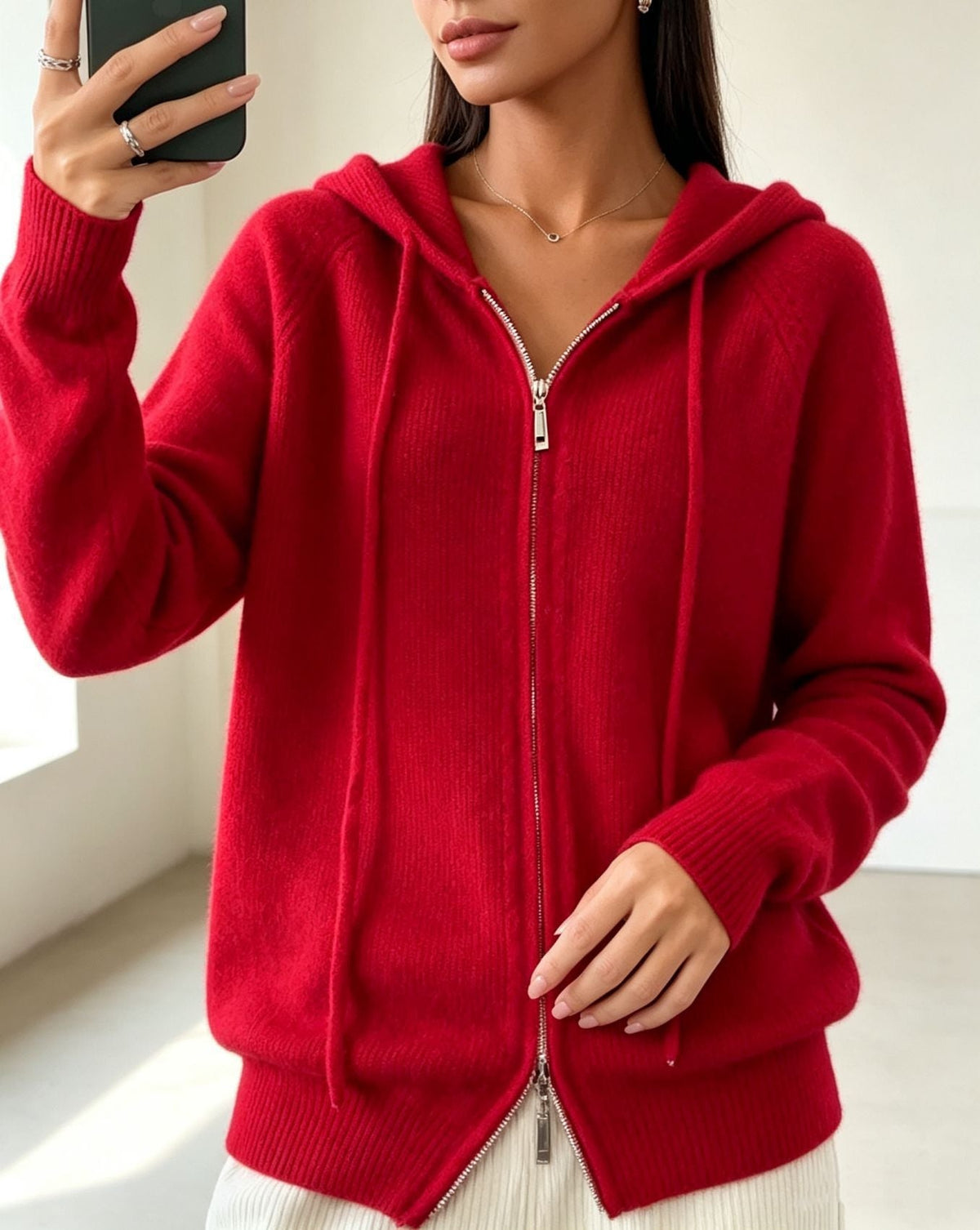 Cardigan Damen aus Feinstrick mit Kapuze und Reissverschluss