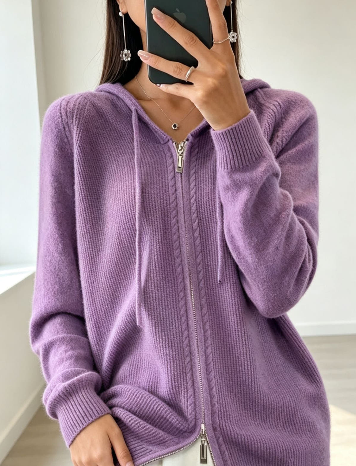 Cardigan Damen aus Feinstrick mit Kapuze und Reissverschluss