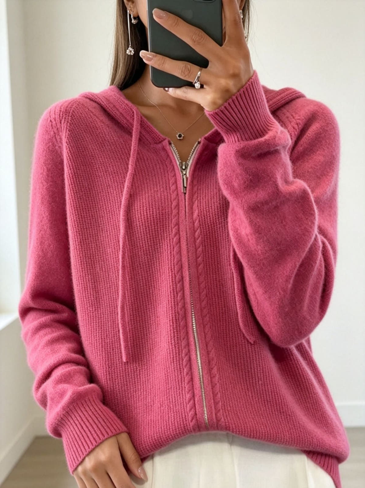 Cardigan Damen aus Feinstrick mit Kapuze und Reissverschluss