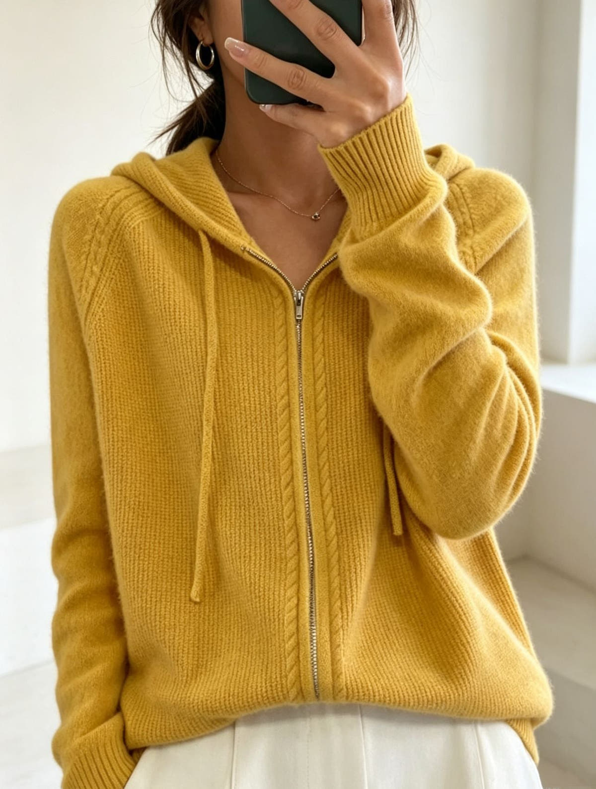 Cardigan Damen aus Feinstrick mit Kapuze und Reissverschluss