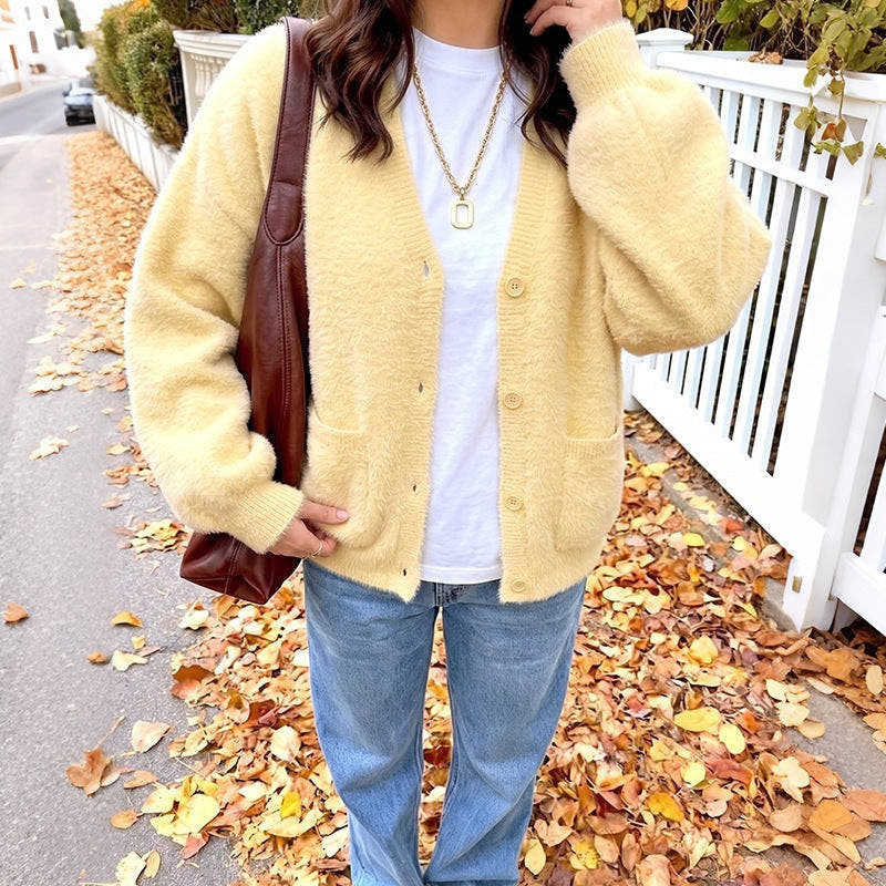 Cardigan Damen aus Teddy-Fleece, Oversize mit V-Ausschnitt