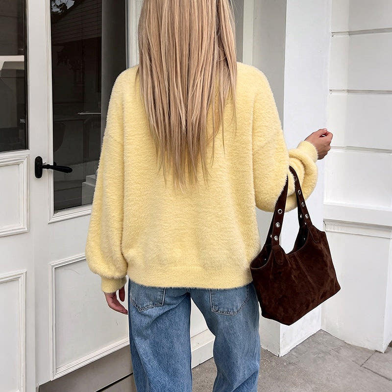 Cardigan Damen aus Teddy-Fleece, Oversize mit V-Ausschnitt