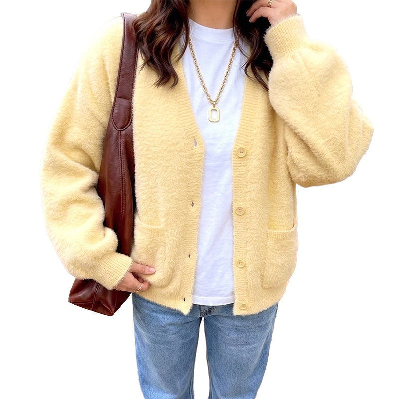 Cardigan Damen aus Teddy-Fleece, Oversize mit V-Ausschnitt