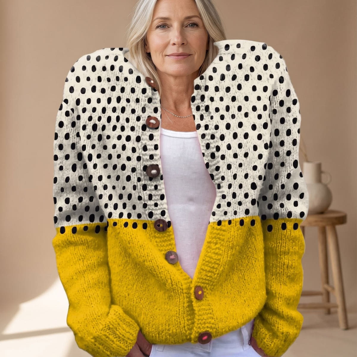 Cardigan Damen hüftlang in Oversize mit Punktemuster und Holzknöpfen