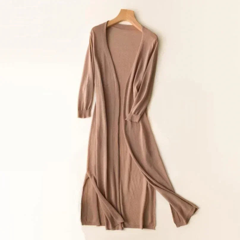 Cardigan Damen leicht und lang mit V-Ausschnitt, lockere Strickjacke