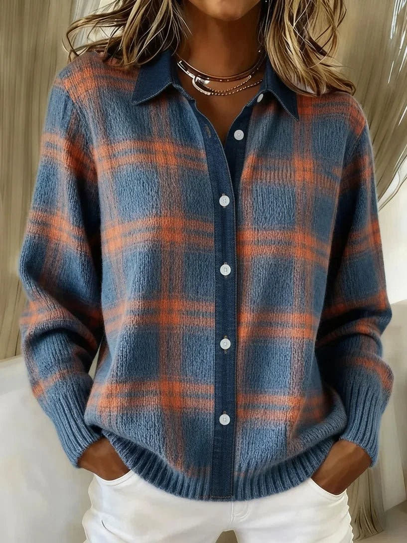 Strickjacke mit Karomuster, Hemdkragen und Knopfleiste