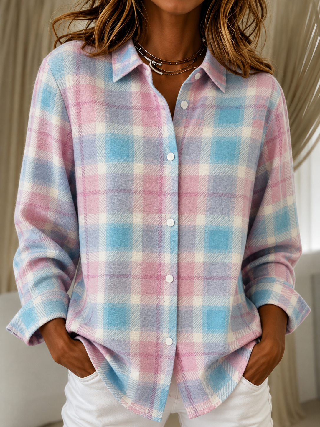 Strickjacke mit Karomuster, Hemdkragen und Knopfleiste