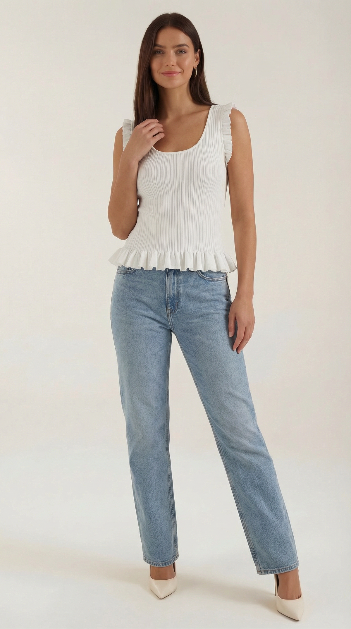 Tanktop in Rippstrick mit Rüschenbesatz und Peplumsaum für Damen - Weiss