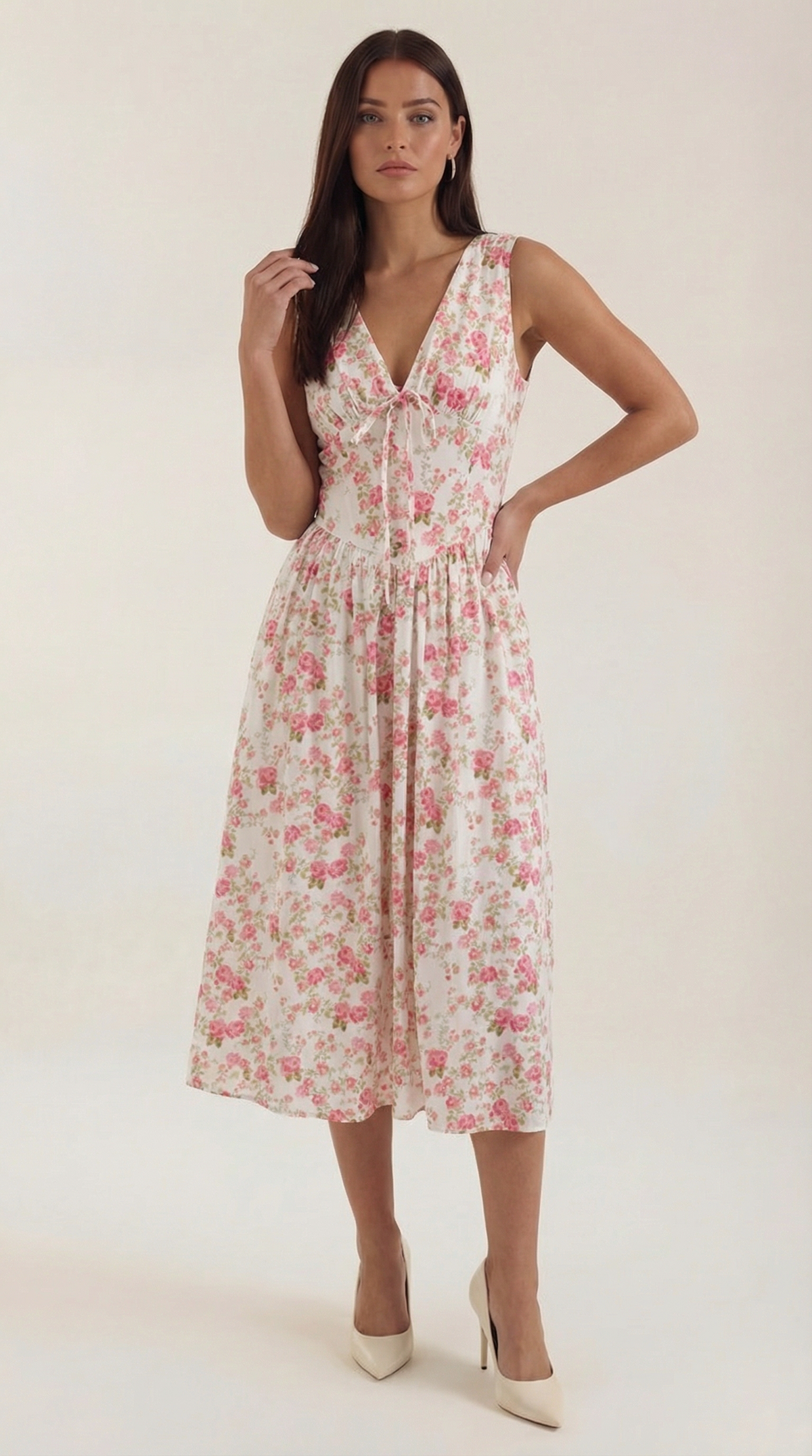Midikleid mit tiefem V-Ausschnitt und gerafftem Rock für Damen - Dunkelrosa