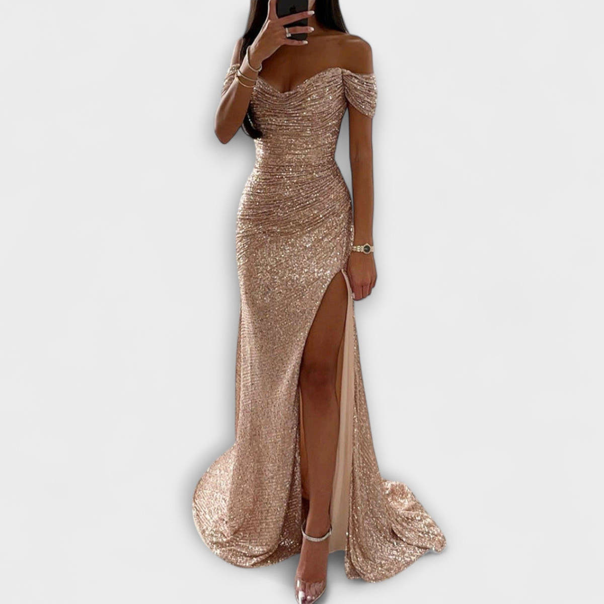 Festliches Kleid mit Glitzer, Carmen-Ausschnitt und Schleppe für Damen