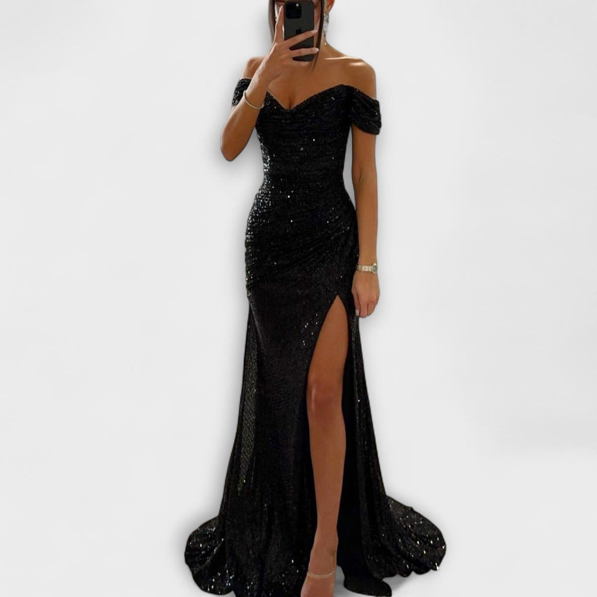 Festliches Kleid mit Glitzer, Carmen-Ausschnitt und Schleppe für Damen