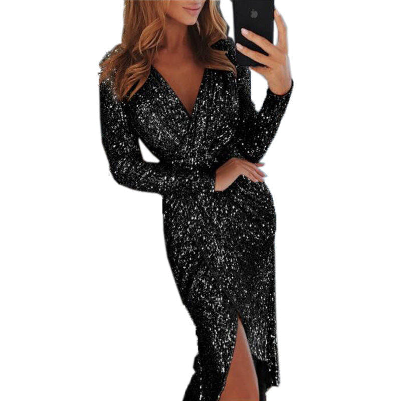 Festliches Kleid mit Glitzer und Wickeloptik in Midilänge für Damen