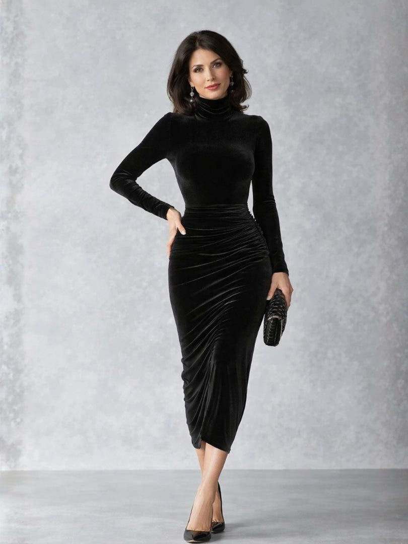 Festliches Kleid aus Samt mit Raffung und Rollkragen für Damen