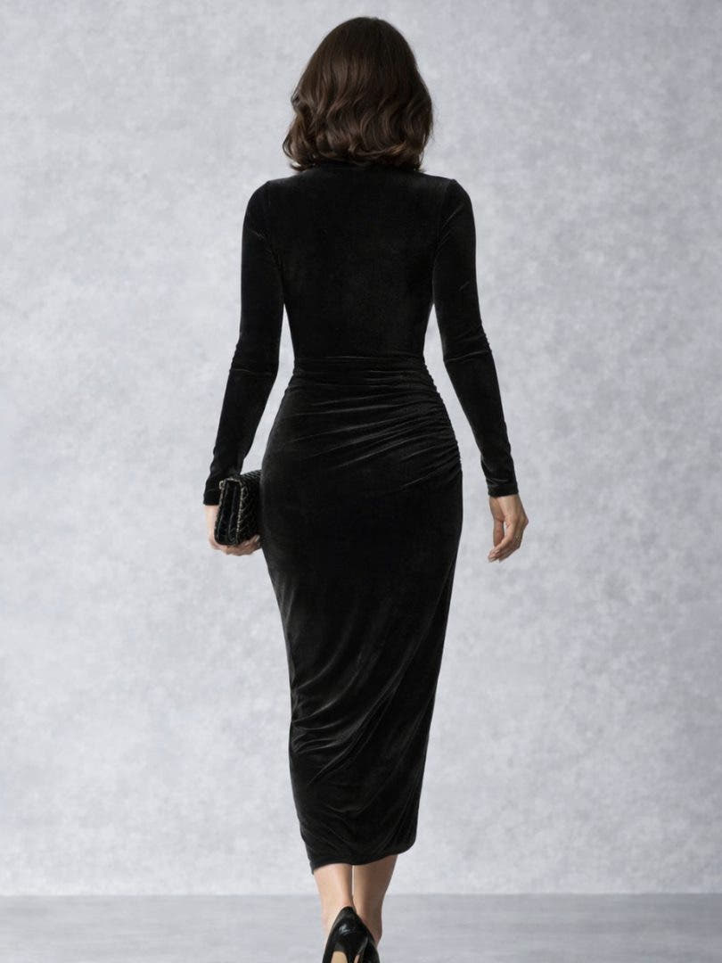 Festliches Kleid aus Samt mit Raffung und Rollkragen für Damen